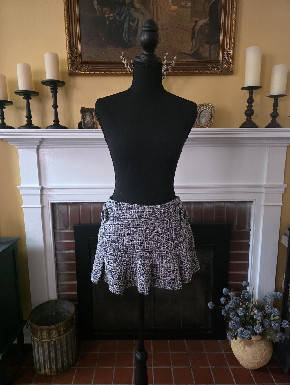 Black White Textured Woven Skater Mini Skirt